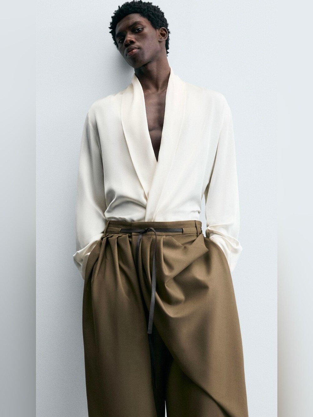 Zara Studio Satin Wrap-Effect Shirt Beige Ivory Luxury Collection Size S Men's